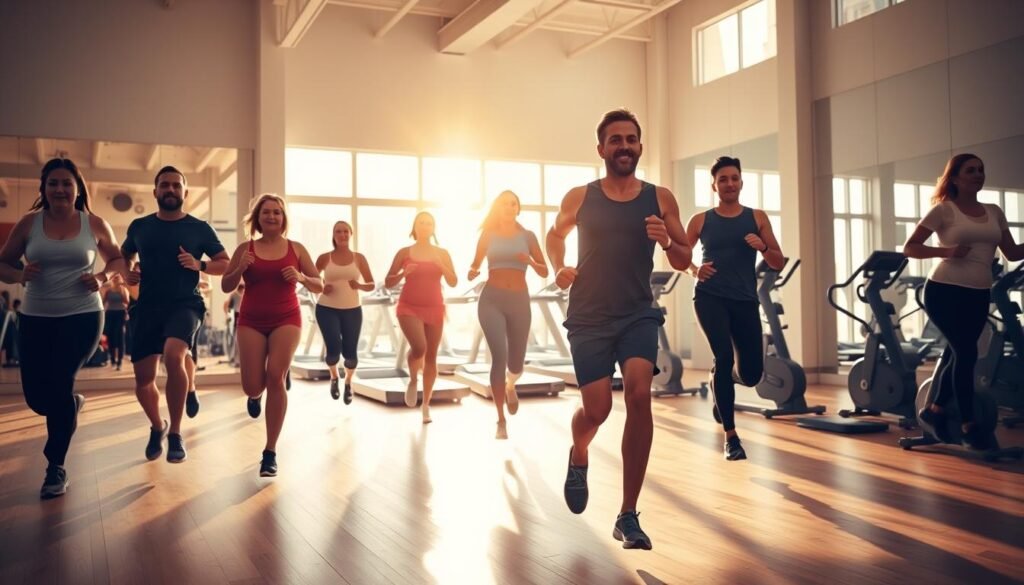 A bright, airy gymnasium interior with sunlight streaming through large windows. In the foreground, a group of people engaged in aerobic exercises - jogging in place, jumping jacks, and high-knee marches. Their expressions are focused and determined. The middle ground features exercise equipment like treadmills and stationary bikes, all neatly arranged. In the background, mirrored walls reflect the scene, creating a sense of depth and movement. The lighting is warm and flattering, highlighting the participants' forms. The overall atmosphere is one of energy, motivation, and a commitment to physical fitness and weight loss.