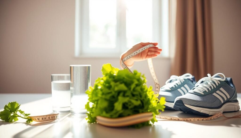 A brightly lit, clean and minimalist scene depicting effective weight loss tips. In the foreground, a stack of fresh vegetables, a glass of water, and a pair of running shoes. In the middle ground, a person's hand holding a tape measure, symbolizing progress and tracking. In the background, a window with soft natural light streaming in, creating a sense of tranquility and wellness. The overall mood is one of simplicity, health, and achievability, encouraging the viewer to adopt a holistic approach to weight loss. Captured with a wide-angle lens to provide a sense of openness and possibility.