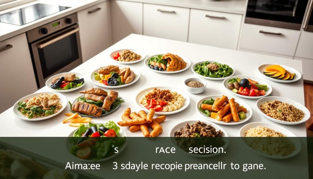A clean, modern kitchen table with a neatly arranged 7-day meal plan spread out on it. The meal plan consists of various healthy, balanced dishes - salads, grilled meats, roasted vegetables, whole grains, and fresh fruit. The lighting is soft and natural, creating a warm, inviting atmosphere. The camera angle is slightly elevated, capturing the full layout of the meal plan in an appealing, appetizing manner. The overall mood is one of simplicity, nutrition, and achievability, reflecting the "simple & science-backed" nature of the 7-day weight loss plan.