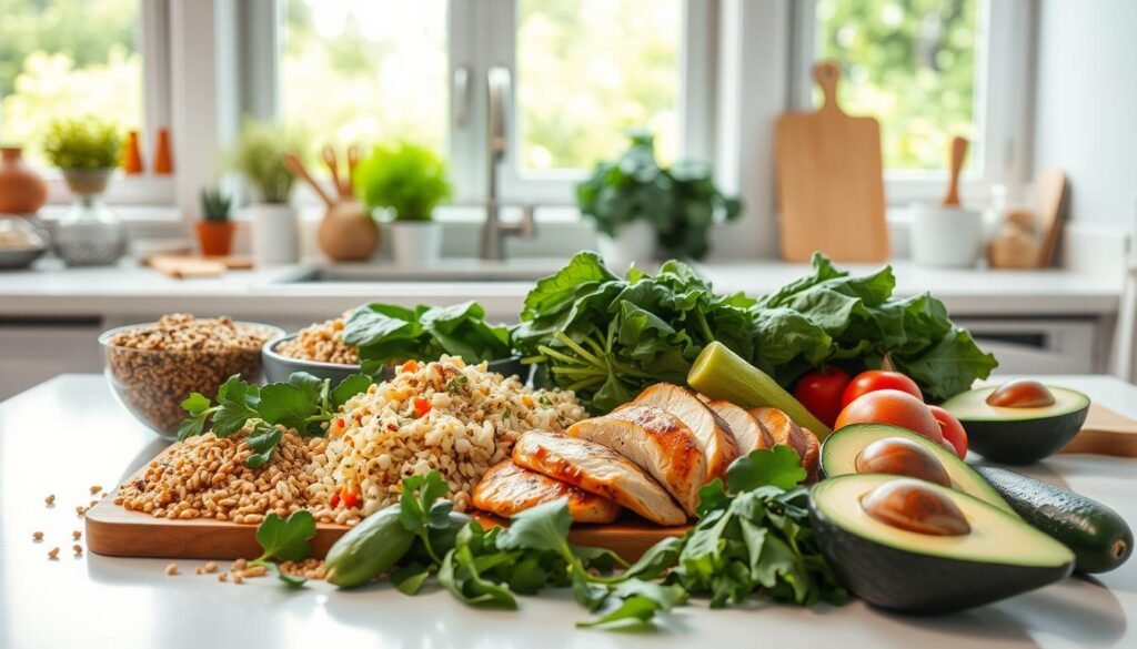 A clean, well-lit kitchen countertop with an assortment of fresh, colorful ingredients arranged neatly. In the foreground, a variety of whole grains, leafy greens, lean proteins, and healthy fats, such as quinoa, spinach, grilled chicken, and avocado. In the middle ground, various kitchen utensils and a cutting board, suggesting meal preparation. The background features a bright, airy window overlooking a lush, verdant garden, creating a calming, inviting atmosphere. The lighting is soft and natural, highlighting the vibrant colors and textures of the ingredients. An overall sense of balance, simplicity, and nutritional harmony is conveyed, reflecting the principles of a healthy eating plan.
