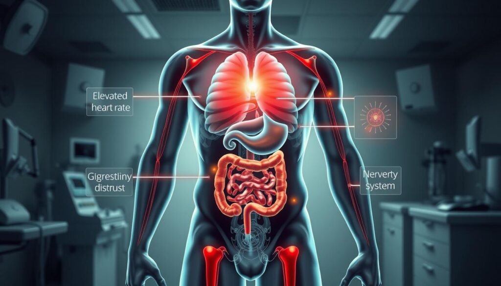 A detailed medical illustration depicting the potential side effects of fat burner supplements. Centered in the frame, a torso overlaid with transparent anatomical renderings highlighting the cardiovascular system, digestive tract, and nervous system. Subtle glowing highlights accentuate areas of concern such as elevated heart rate, gastrointestinal distress, and jitteriness. The background is a sterile, clinical environment with medical equipment and a muted color palette, conveying a sense of professional medical examination. Realistic textures and lighting lend an authoritative, scientific tone to the image.