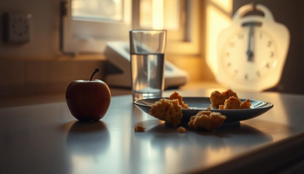 A dimly lit kitchen countertop, illuminated by warm, natural lighting from a nearby window. On the surface, an array of food items - a half-eaten apple, a glass of water, and a plate with a few bites of a meal left. The counter's edge casts a gentle shadow, creating a sense of depth and dimension. In the background, a blurred representation of a scale, symbolizing the common belief that skipping meals leads to weight loss. The overall scene conveys a sense of uncertainty and the complex relationship between meal timing and weight management.