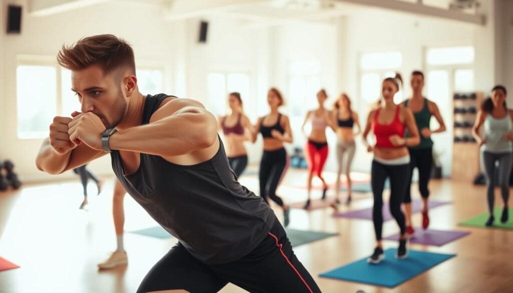 A dynamic, full-body workout in a bright, airy studio. In the foreground, a determined individual executes a high-intensity interval training (HIIT) move like burpees or jumping jacks, muscles straining against the resistance of their own bodyweight. In the middle ground, a group of people performing various cardio exercises like jogging in place or skipping rope, their faces flushed with exertion. The background showcases an array of exercise equipment - dumbbells, resistance bands, yoga mats - hinting at the versatility of the "best" weight loss exercises. Warm, natural lighting filters in, creating a sense of motivation and energy.