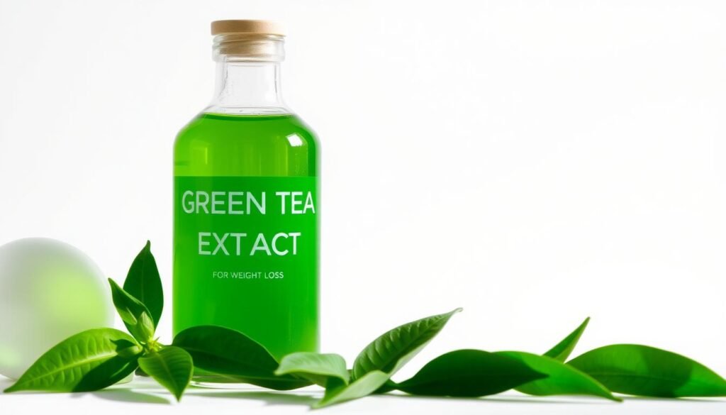 A glass bottle containing a vibrant green liquid, labeled "Green Tea Extract for Weight Loss", set against a crisp white background. The bottle is illuminated by soft, natural lighting, casting gentle shadows and highlights that accentuate its elegant, minimalist design. The liquid inside the bottle appears fresh and pure, reflecting the purity and efficacy of the supplement. In the middle ground, a few fresh green tea leaves are artfully arranged, hinting at the natural origins of the extract. The overall scene conveys a sense of health, wellness, and the potential for natural weight management solutions.