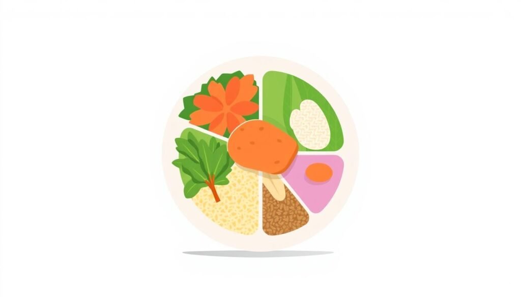 A minimalist and modern illustration of the portion control plate method, showcasing a circular plate divided into sections representing different food groups. In the center, a full plate with accurately portioned servings of vegetables, lean protein, whole grains, and a small serving of healthy fats, all rendered in a clean, flat design style with soft, muted colors. The plate is positioned on a simple, light-colored surface, with a subtle gradient or texture in the background to provide depth and visual interest, creating a calm, educational atmosphere suitable for a beginner's weight loss guide.