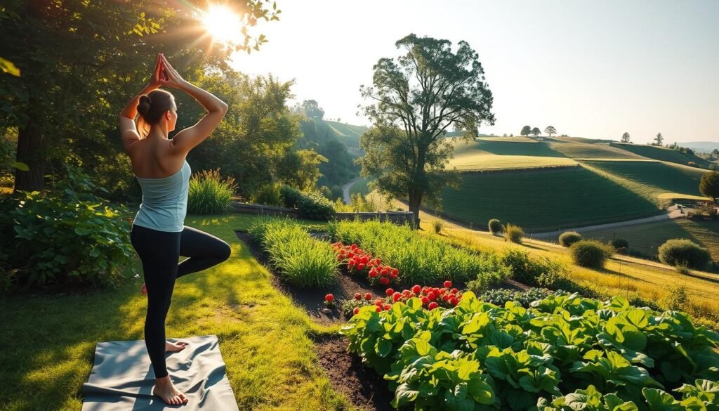 A serene outdoor scene, sunlight filtering through lush greenery. In the foreground, a person performs gentle yoga poses, embodying mindfulness and balance. The middle ground features a vibrant vegetable garden, its diverse produce symbolizing a nutrient-rich, whole-food diet. In the background, a rolling hill landscape with a winding path, suggesting the journey of sustainable fat loss - gradual, natural, and enduring. The lighting is warm and soft, creating a tranquil atmosphere. Captured with a wide-angle lens to convey a sense of harmony and integration between the individual, their environment, and holistic wellness. A serene outdoor scene, sunlight filtering through lush greenery. In the foreground, a person performs gentle yoga poses, embodying mindfulness and balance. The middle ground features a vibrant vegetable garden, its diverse produce symbolizing a nutrient-rich, whole-food diet. In the background, a rolling hill landscape with a winding path, suggesting the journey of sustainable fat loss - gradual, natural, and enduring. The lighting is warm and soft, creating a tranquil atmosphere. Captured with a wide-angle lens to convey a sense of harmony and integration between the individual, their environment, and holistic wellness.
