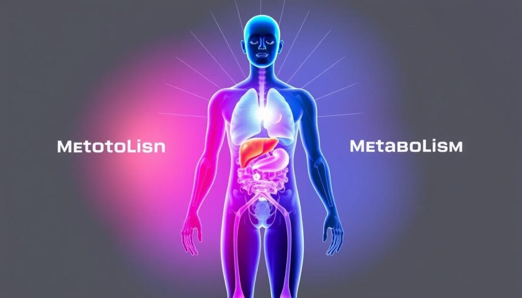A vibrant illustration of the human body's metabolic processes, showcasing the intricate dance between caloric intake, energy expenditure, and weight management. Set against a clean, minimalist background, the foreground depicts a stylized figure with glowing internal systems - the liver, muscles, and adipose tissue - each playing a vital role in the body's metabolism. Rays of light emanate from the center, symbolizing the transformative power of optimizing one's metabolism for better health and weight loss results. The overall mood is one of scientific elegance, inspiring the viewer to explore the complexities of this fundamental biological function.