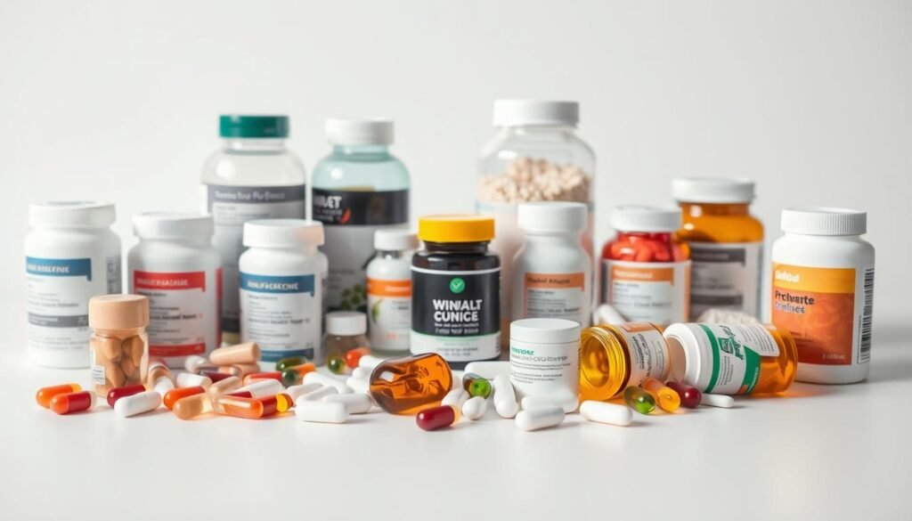A well-lit, high-quality still-life photograph of an assortment of various weight loss supplements, including pills, capsules, and powders, arranged neatly on a clean, minimalist white surface. The supplements are captured from a slightly elevated angle, showcasing their different shapes, sizes, and colors, while highlighting their scientific-looking packaging and labeling. The overall mood is one of clinical objectivity, inviting the viewer to examine the products with a critical eye, juxtaposing the scientific claims against the hype surrounding weight loss supplements.