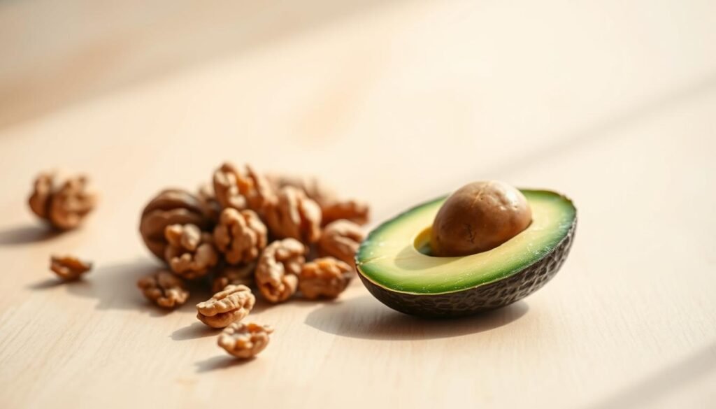 A well-lit, high-resolution photograph of a healthy dietary fat source, such as a handful of walnuts or a slice of avocado, placed on a light-colored wooden surface. The fat source should be the prominent focus, occupying the middle ground, with a blurred background that suggests a clean, minimalist setting. The lighting should be soft and natural, casting gentle shadows to emphasize the texture and shape of the fat source. The overall mood should convey a sense of balance, dispelling the myth that all dietary fat leads to weight gain.