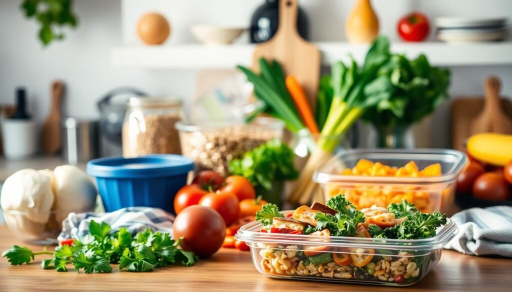 A well-organized kitchen counter with an assortment of fresh vegetables, whole grains, lean proteins, and healthy fats, neatly arranged in a visually appealing manner. The lighting is soft and natural, casting a warm glow over the scene. In the foreground, a meal prep container filled with a balanced, nutrient-rich meal, ready to be enjoyed. The background features a clean, minimalist design, emphasizing the simplicity and effectiveness of this weight loss meal plan. The overall atmosphere is one of organization, mindfulness, and a commitment to a healthier lifestyle.