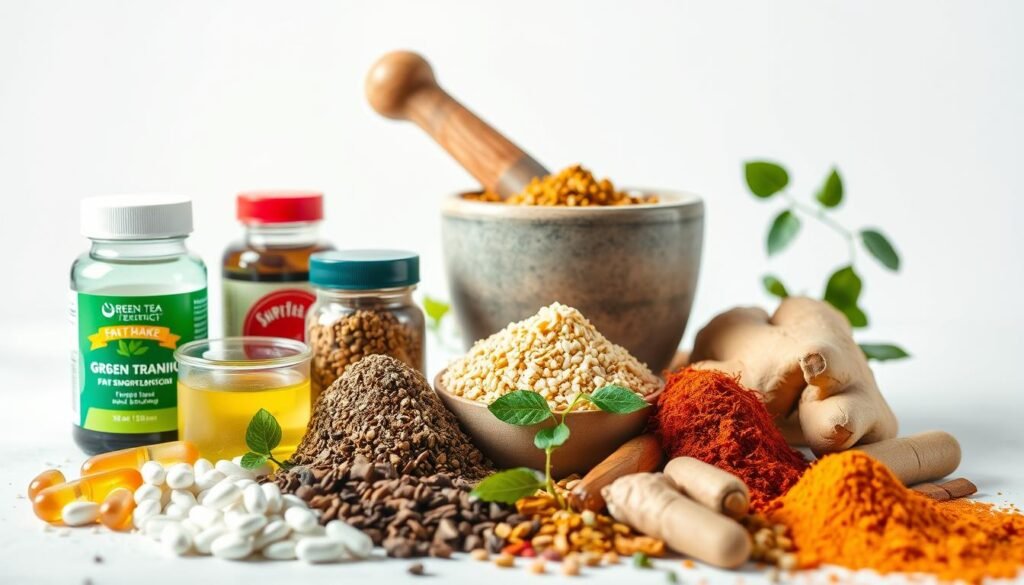 An assortment of common fat-burning ingredients arranged against a clean, bright backdrop. In the foreground, a selection of natural supplements such as green tea extract, caffeine, and chromium, positioned with care. In the middle ground, a mortar and pestle grind up a mix of spices and herbs like cayenne pepper, ginger, and turmeric. The background shows a minimalist, well-lit studio setting, with soft shadows and highlights that accentuate the textures and colors of the ingredients. The overall mood is one of scientific scrutiny and wellness, inviting the viewer to examine these fat-burning compounds more closely.